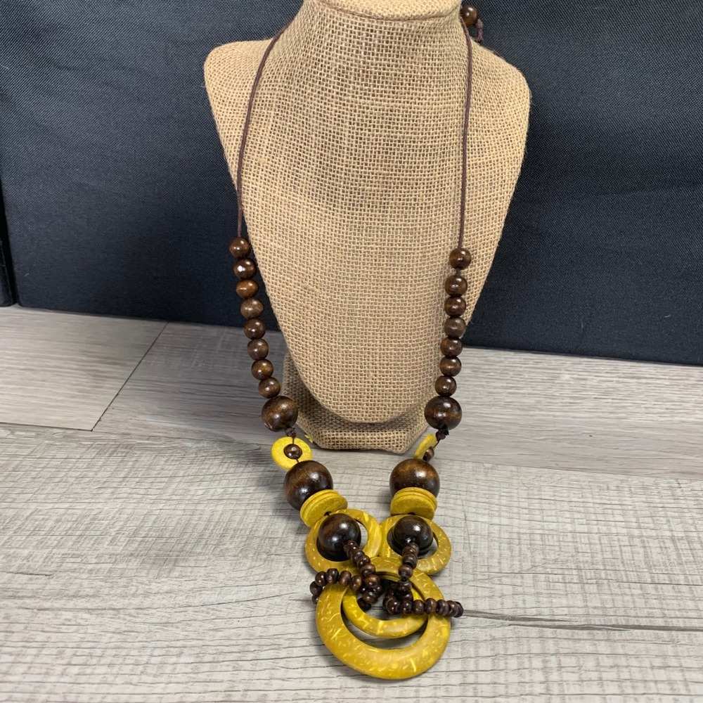 Chunky Wood Coconut Shell Statement Necklace Yellow Brown Boho Adjustable 20"